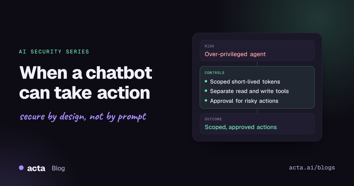 Cover for the AI security series showing an over-privileged agent turned into scoped, approved actions, with three controls: scoped credentials, read and write tools split, and approval for sensitive actions