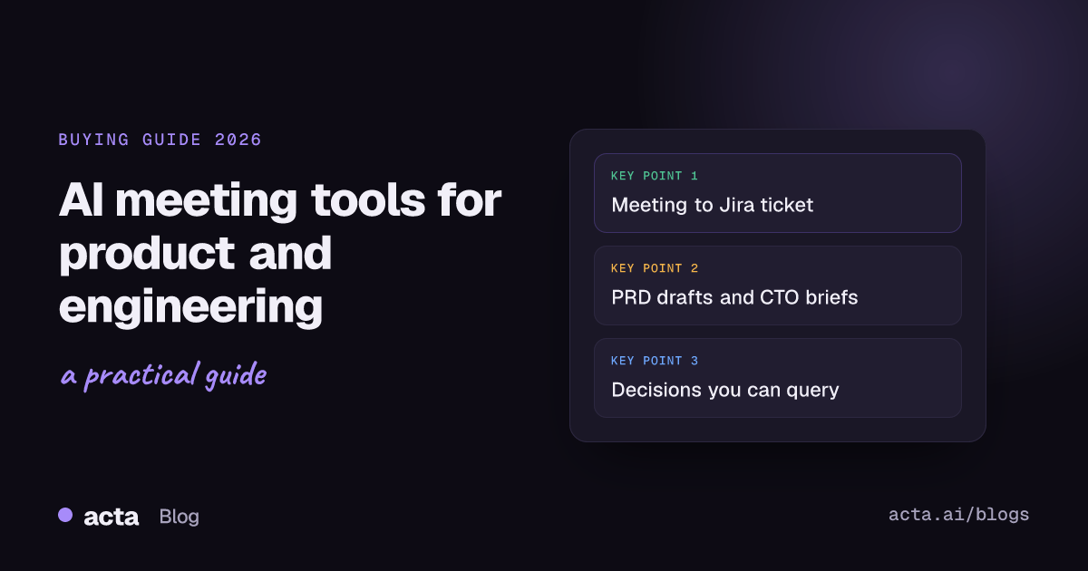 Cover for a 2026 buying guide on AI meeting tools for product and engineering teams, highlighting tickets, PRD drafts and decision logs