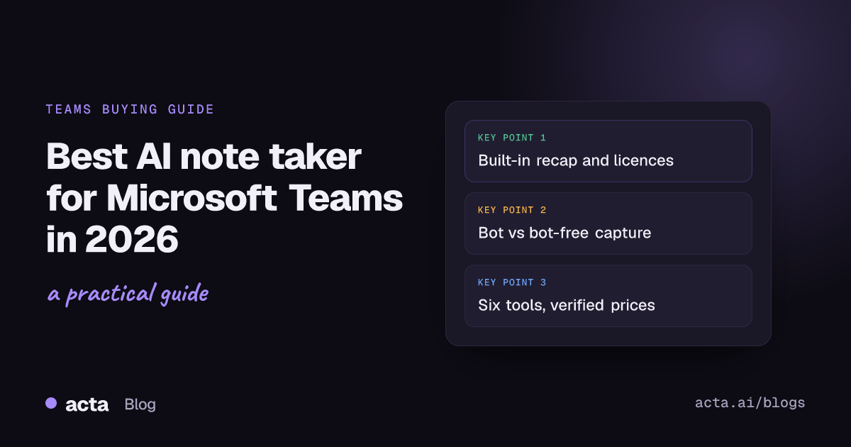 Cover image reading Best AI note taker for Microsoft Teams in 2026, with three points: built-in recap licences, bot vs bot-free capture, and six tools compared