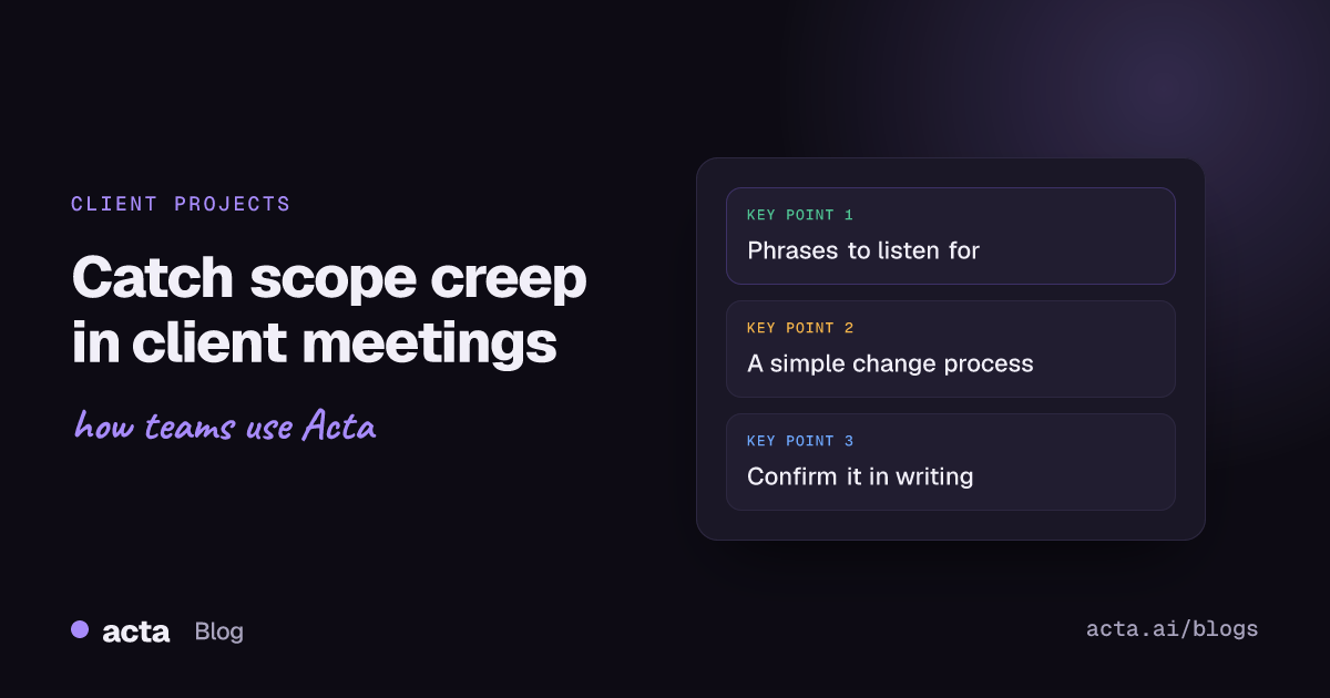 Cover for an article on catching scope creep in client meetings, with points on warning phrases, change requests and written confirmation