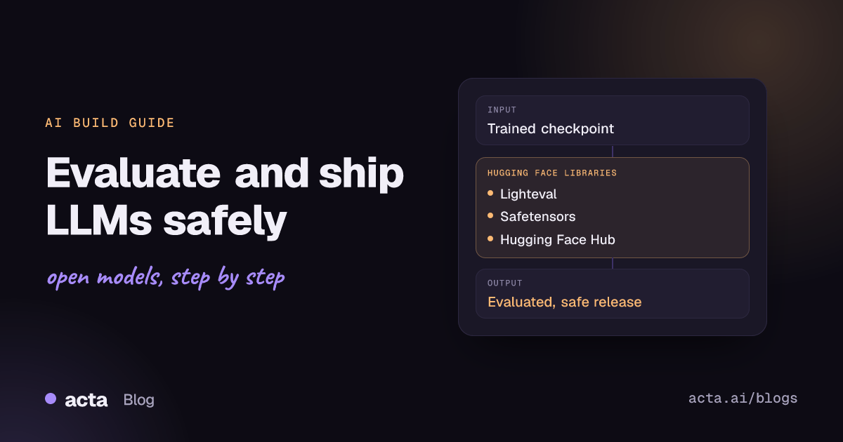 Cover for an AI build guide on evaluating and shipping LLMs with Lighteval, Safetensors and the Hugging Face Hub