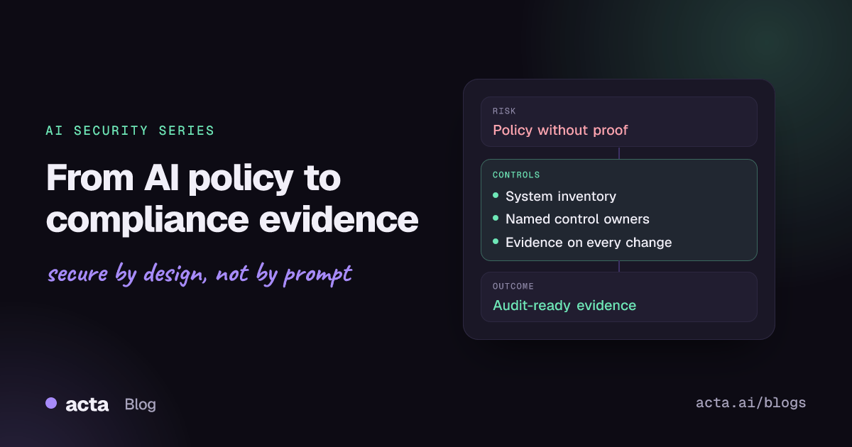 Cover for the AI security series: From AI policy to compliance evidence, showing three controls: system inventory, named control owners and evidence on every change