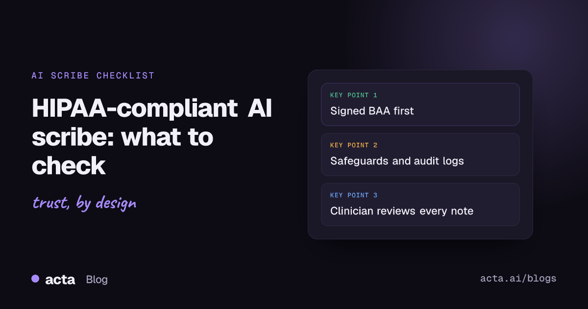 Cover image reading HIPAA-compliant AI scribe checklist, with points on the BAA, safeguards and clinician review
