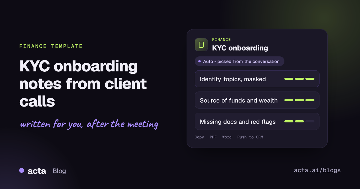 Cover showing an Acta KYC onboarding note card with identity checks, source of funds and wealth, and missing documents