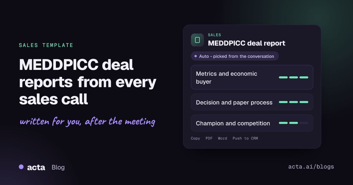 Cover showing an Acta MEDDPICC deal report card with metrics, economic buyer, decision process and champion rows