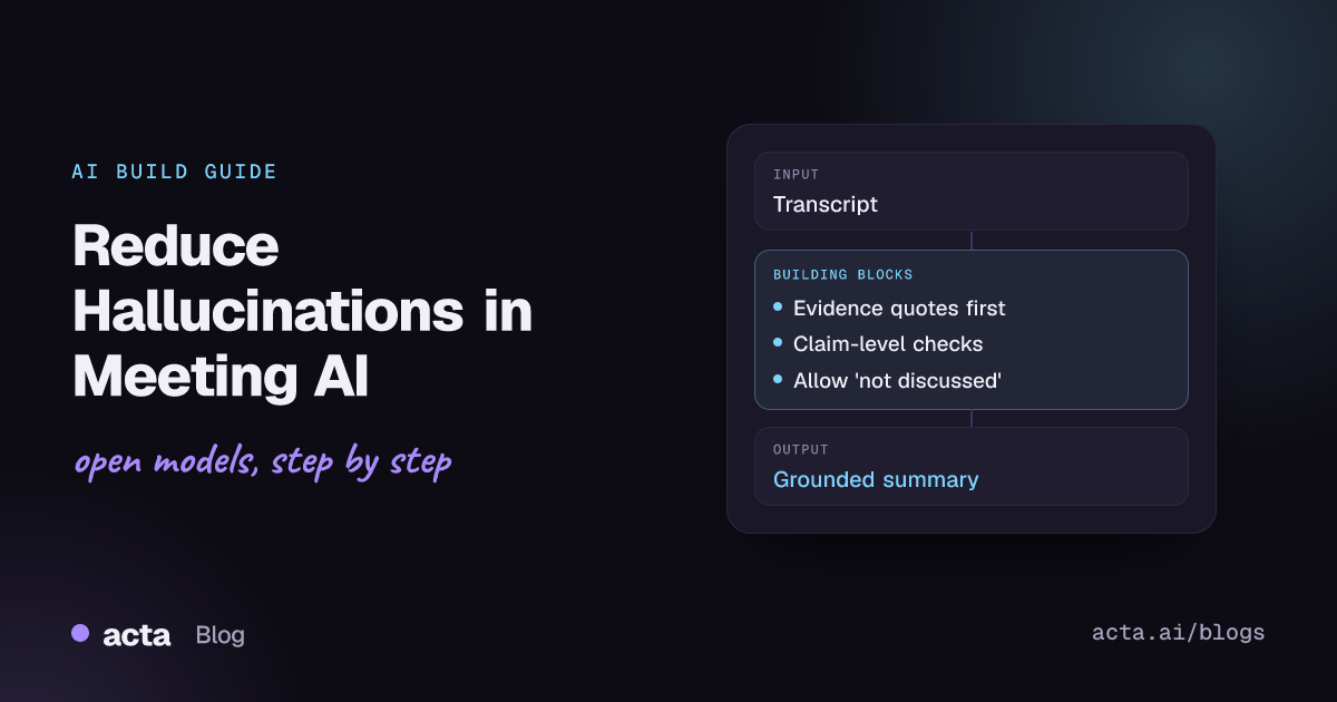 Cover for an AI build guide on reducing hallucinations in meeting summaries, listing evidence quotes, claim checking and abstention.