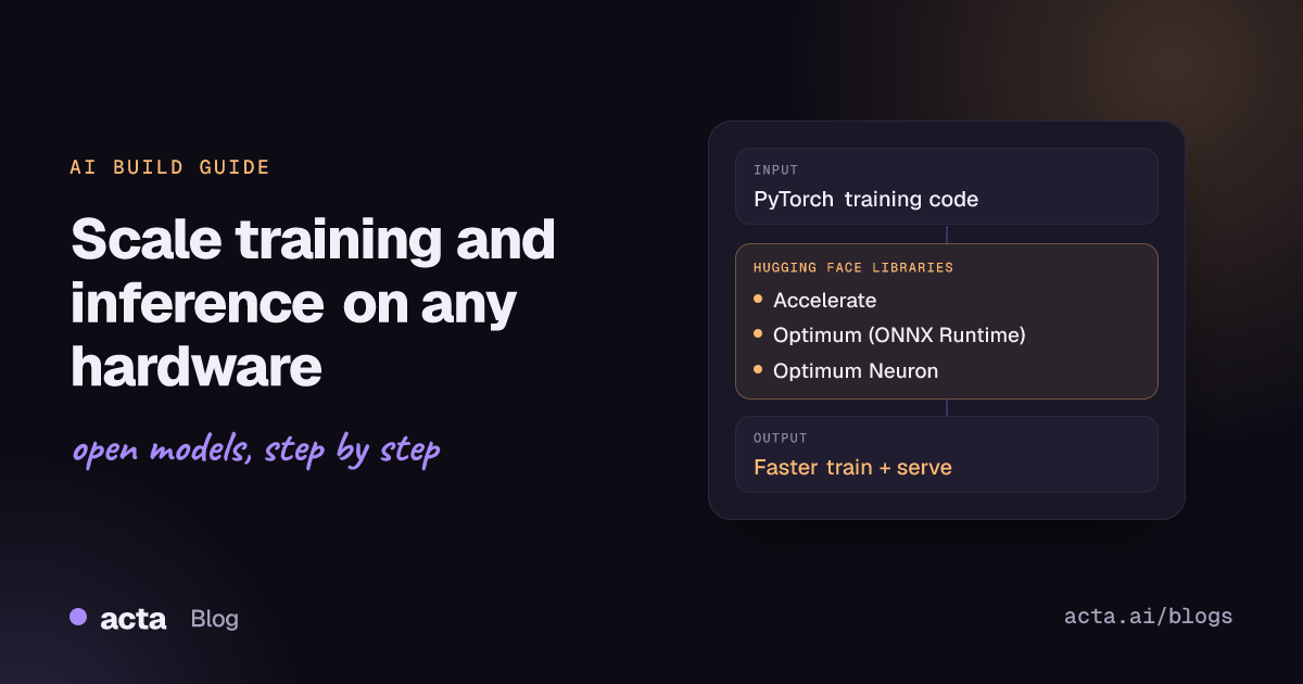 Cover for an AI build guide on scaling training and inference, listing Accelerate, Optimum ONNX Runtime and Optimum Neuron