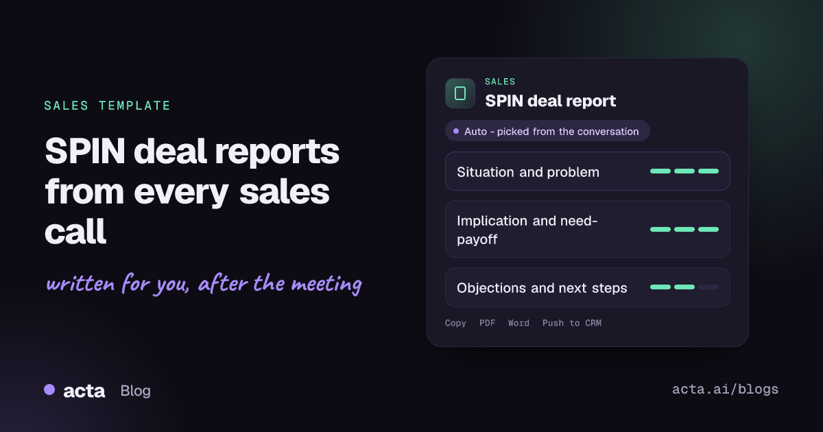 Cover showing an Acta SPIN deal report card with situation and problem, implication and need-payoff, and objections and next steps