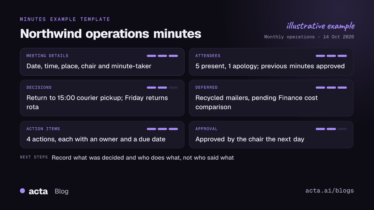Example meeting minutes for Northwind's monthly operations meeting, showing the sections: meeting details, attendees, previous minutes, decisions, action items with owners and dates, and approval.