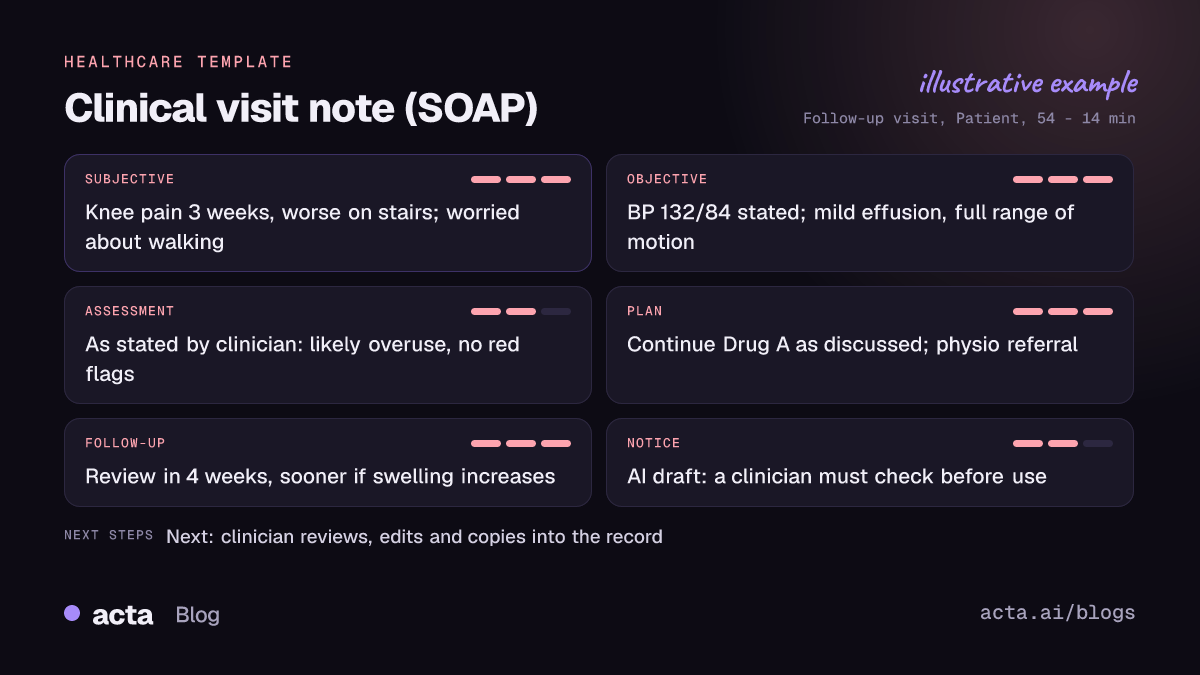 Example draft SOAP note from Acta for a follow-up visit, with subjective, objective, assessment and plan sections filled in from the conversation and a clinician review notice