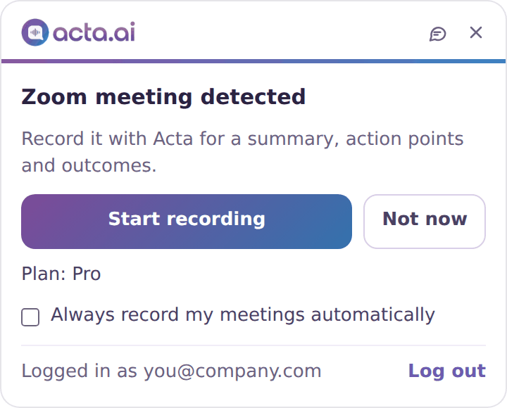 Acta desktop app: Zoom meeting detected, with Start recording