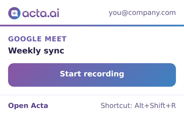 The extension popup in a Google Meet meeting with the Start recording button