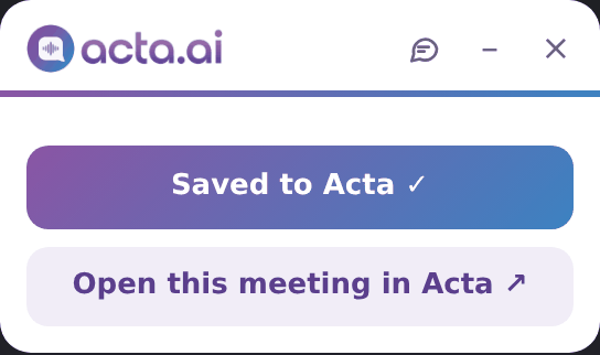 The Acta window after saving, with Open this meeting in Acta