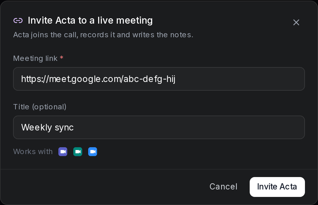 The Invite Acta to a live meeting window with a Google Meet link and a title