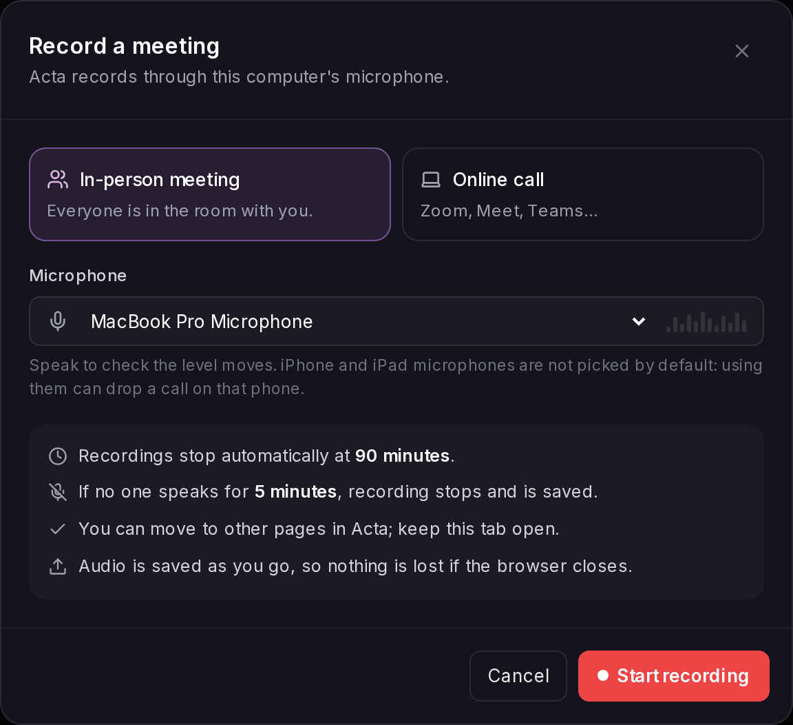 The Record a meeting window: In-person meeting, microphone with level meter and the recording limits